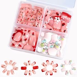 Floral Press-On Nails Set - Pink and Red